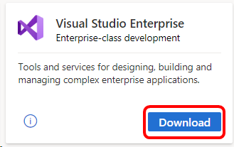 Screenshot of the Visual Studio Enterprise tile and accompanying Download button. Screenshot of the Visual Studio Enterprise tile and accompanying 'Download' button.