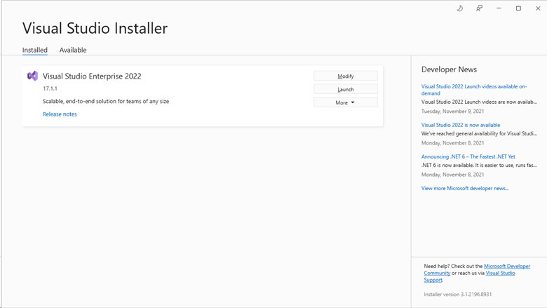 Screenshot of the Visual Studio Installer pane, listing the installed version or versions. Screenshot of the Visual Studio Installer pane, listing the installed version or versions.