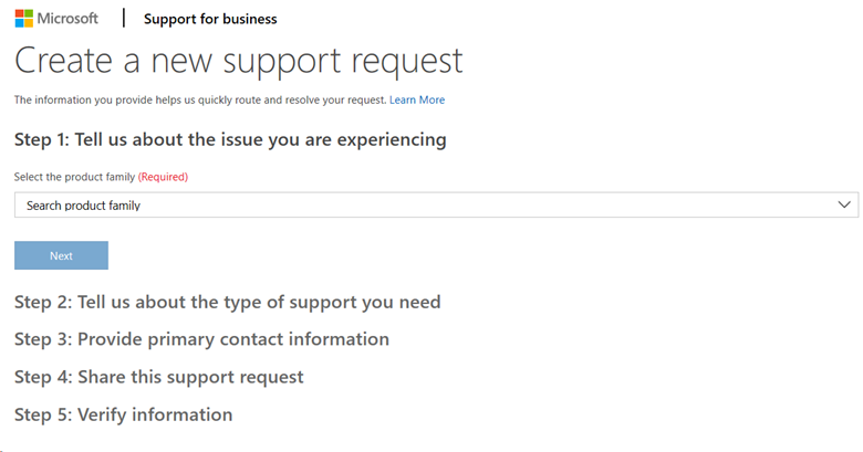 Screenshot of the new support request dialog. Create a new support request