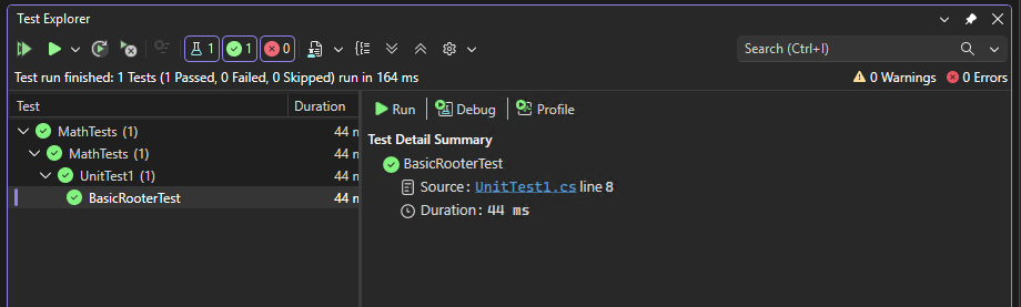 Screenshot of the Test Explorer showing a passing test.
