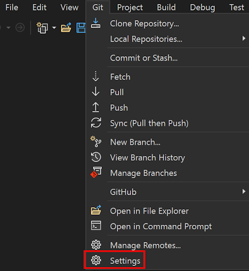 Screenshot of the Git menu with the Settings option highlighted.