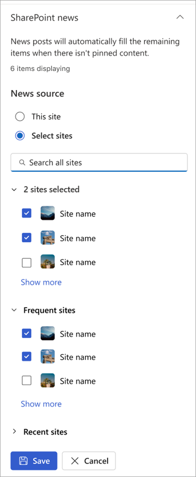 Screenshot of the spotlight settings property pane listing available SharePoint news sites.