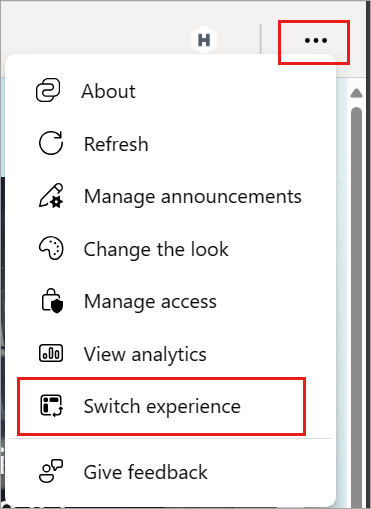 Screenshot showing additional options with switch experience highlighted.