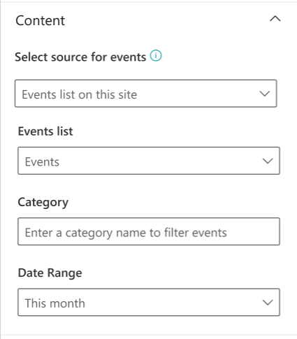 Screenshot of the content section in the Events card properties pane.