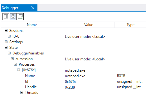 Screenshot of the data model window in WinDbg with expandable and browsable features.