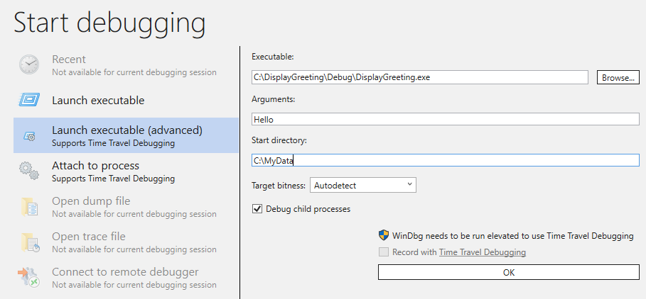 Screenshot of the Launch executable (advanced) dialog displaying options.