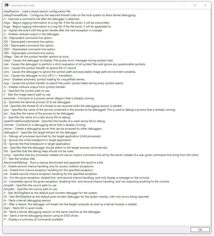 Screenshot of WinDbgX command-line help output displaying various options.