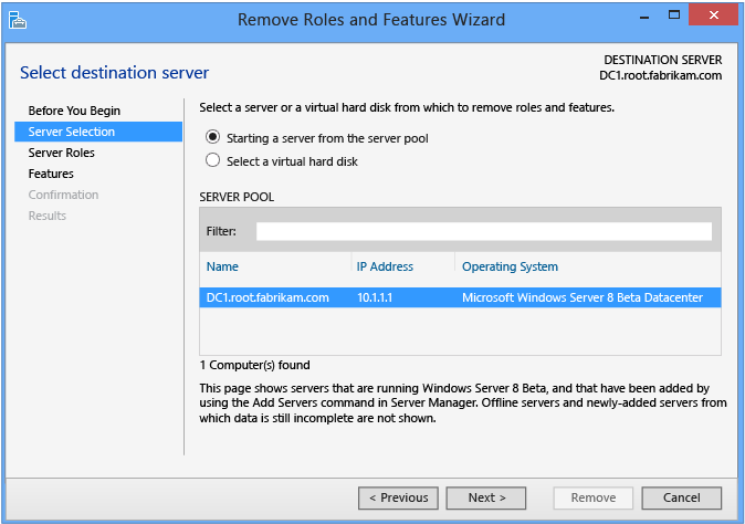 Remove Roles and Features Wizard select destination server