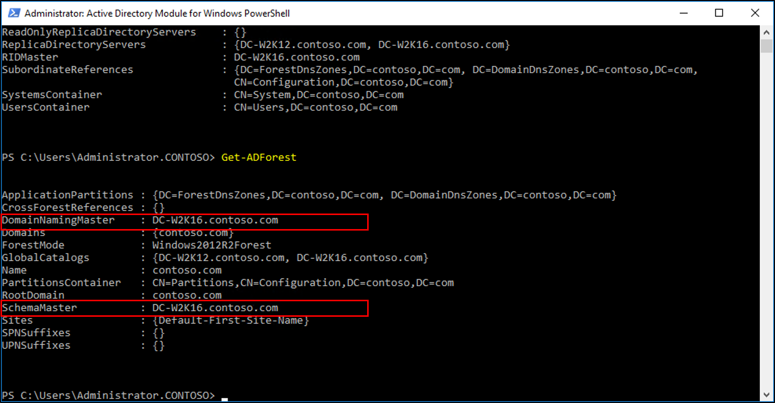 Screenshot of the Active Directory Module for Windows PowerShell window showing the results of the Get-ADForest cmdlet with the Domain Naming Master and Schema Master values called out.