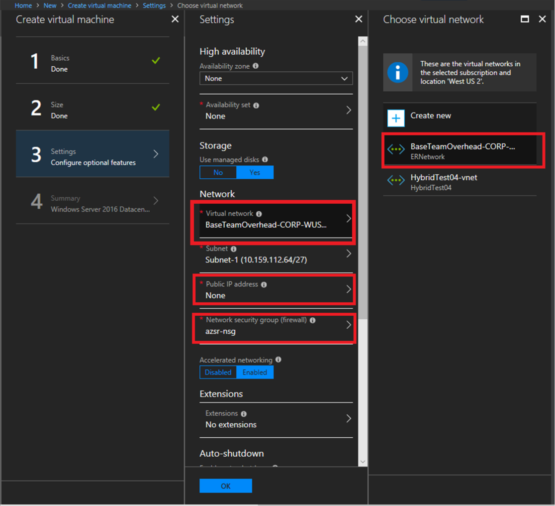 Create virtual machine showing ExpressRoute network settings