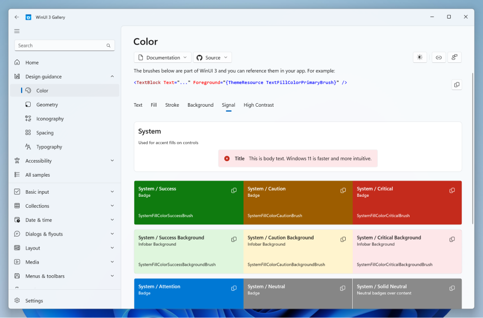 A screenshot of the Design Guidance section of the WinUI 3 Gallery