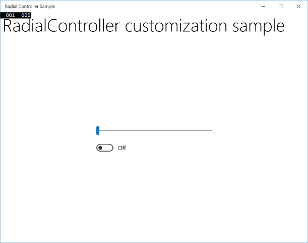 Screenshot of the Radial Controller Sample with the horizontal slider set to the left.