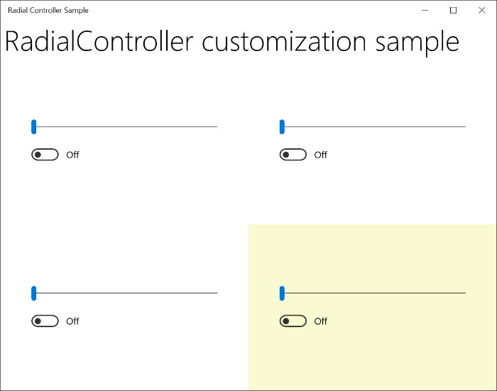 Screenshot of the Radial Controller Sample with four horizontal sliders set to the left and the fourth controller highlighted.