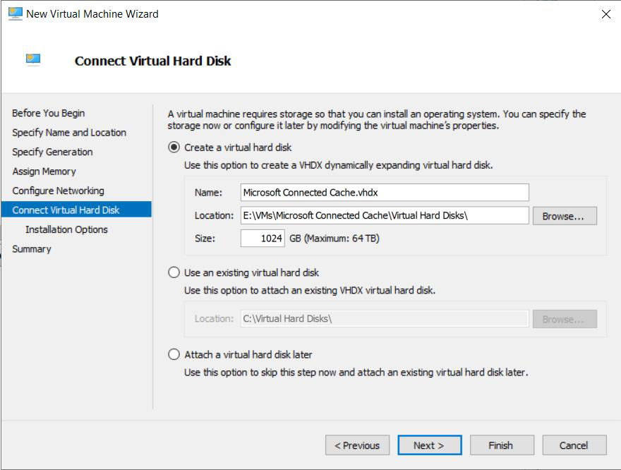 Screenshot of the Connect Virtual Hard Disk page of the Hyper-V New Virtual Machine Wizard.