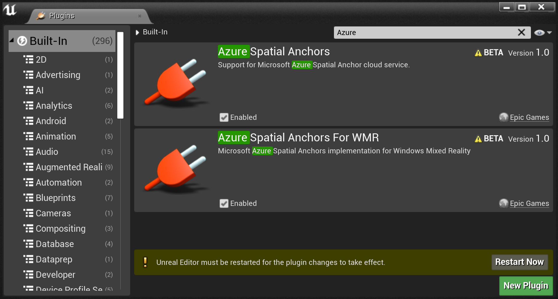 Screenshot of spatial Anchors plugins in Unreal editor