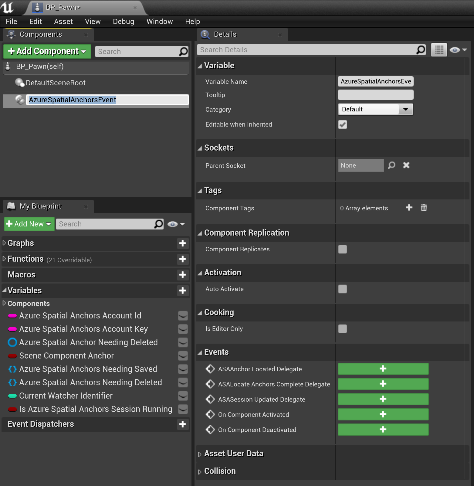 Screenshot of BP_Pawn open in blueprint editor with components and detail panels open