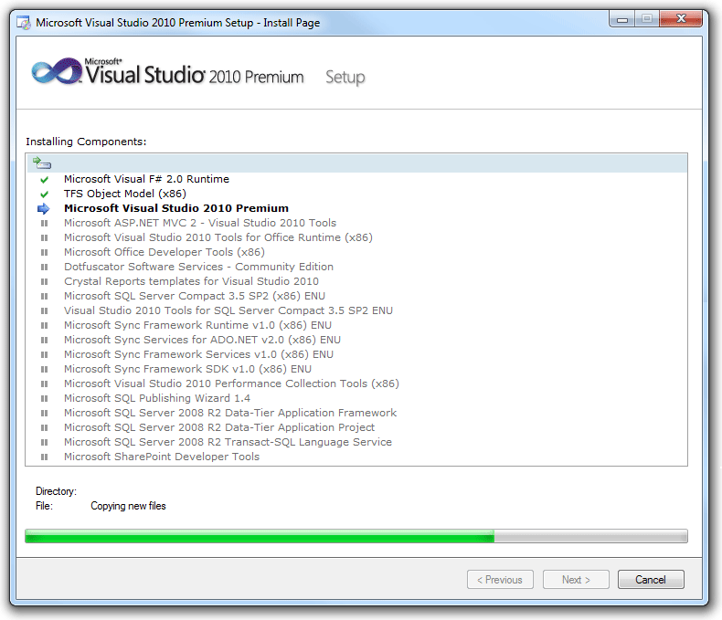 screen shot of visual studio setup, full list