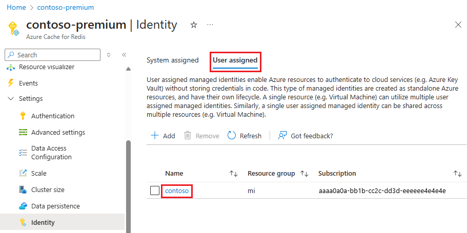 Screenshot showing the user-assigned identity on the Identity page.