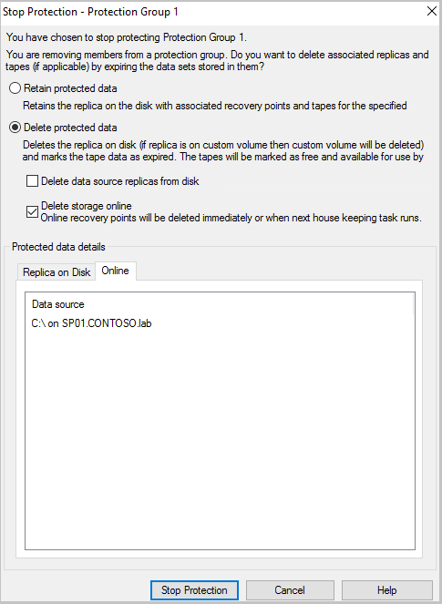 Screenshot that shows selecting the Delete protected data option in the Stop Protection pane.