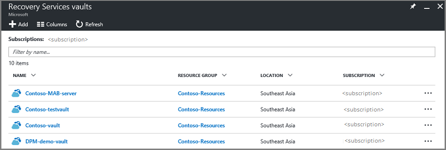 Screenshot that shows the list of Recovery Services vaults.