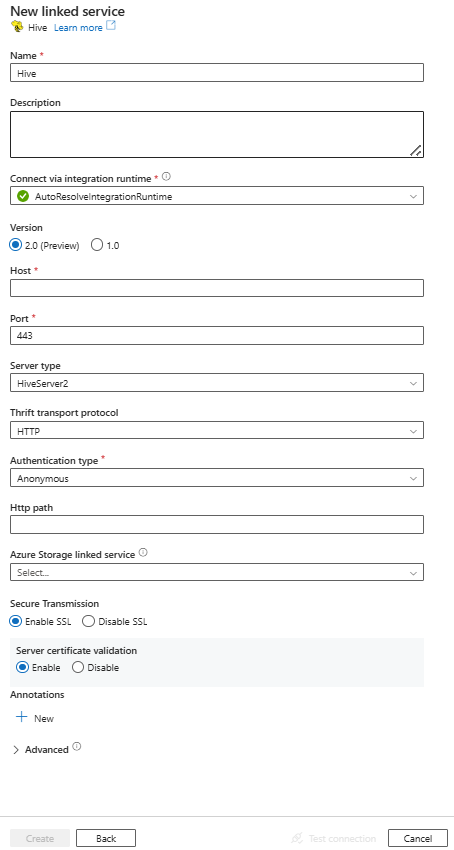Configure a linked service to Hive.