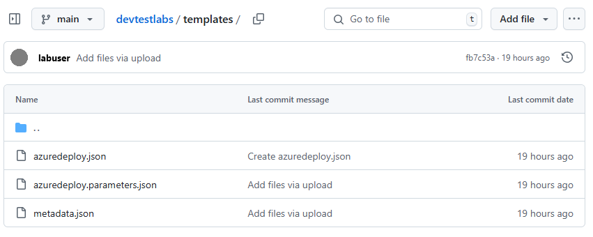 Screenshot that shows key ARM template files in a repository.