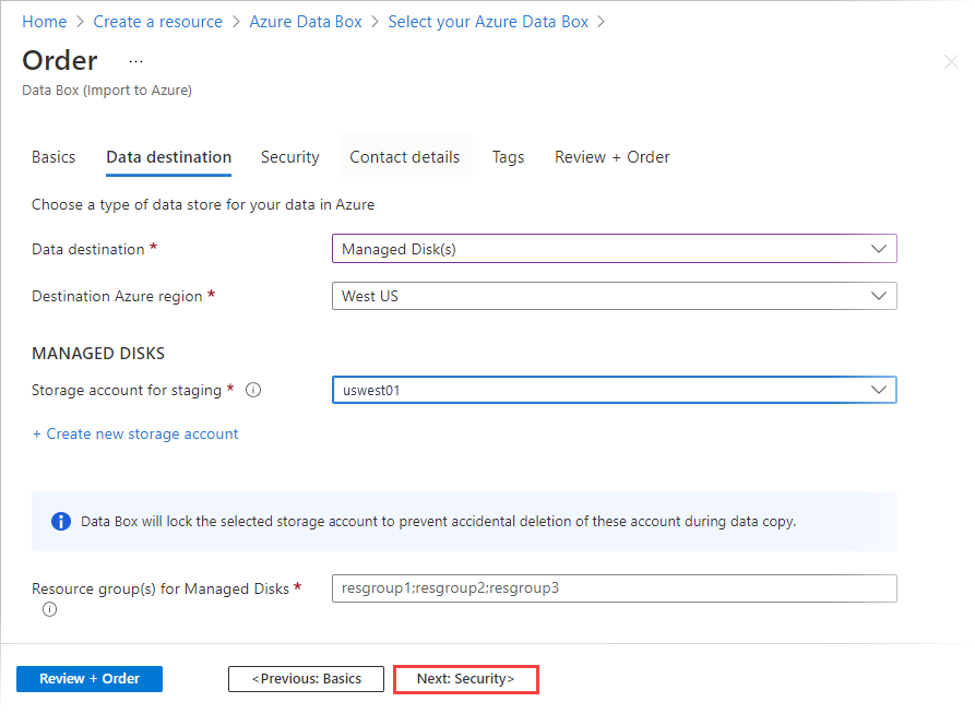 Screenshot of the Data Destination tab for a Data Box order with a Managed Disks destination. The Data Destination tab, Managed Disks, and Next: Security buttons are highlighted.