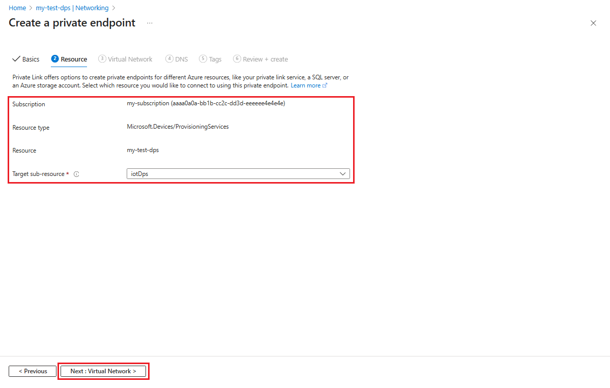 Screenshot that shows the Resource tab of the Create a private endpoint page.