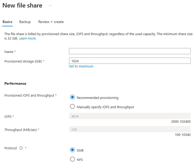 A screenshot of the basics tab in the new file share blade (provisioned v2)