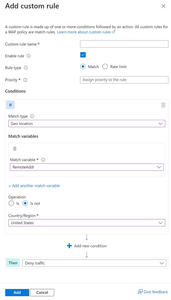 Screenshot showing the Application Gateway WAF add custom rule screen.