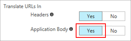 Application proxy settings page with Translate URLs in Application Body set to Yes.