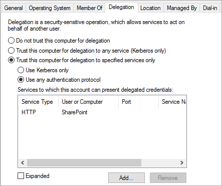 Screenshot of Delegation tab showing 'Trust this computer for delegation to specified services only' and 'Use any authentication protocol' selected.