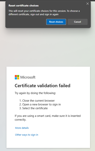 Screenshot that shows the Microsoft Edge browser certificate choice reset acceptance.
