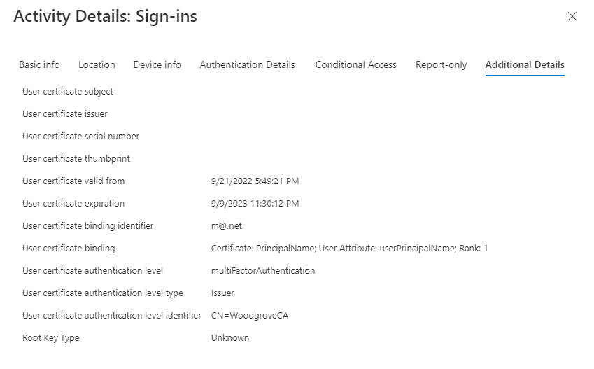 Screenshot that shows interrupted attempt details in the sign-in logs.