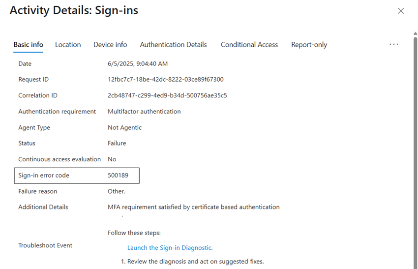 Screenshot that shows a CA scoping sign-in log error.