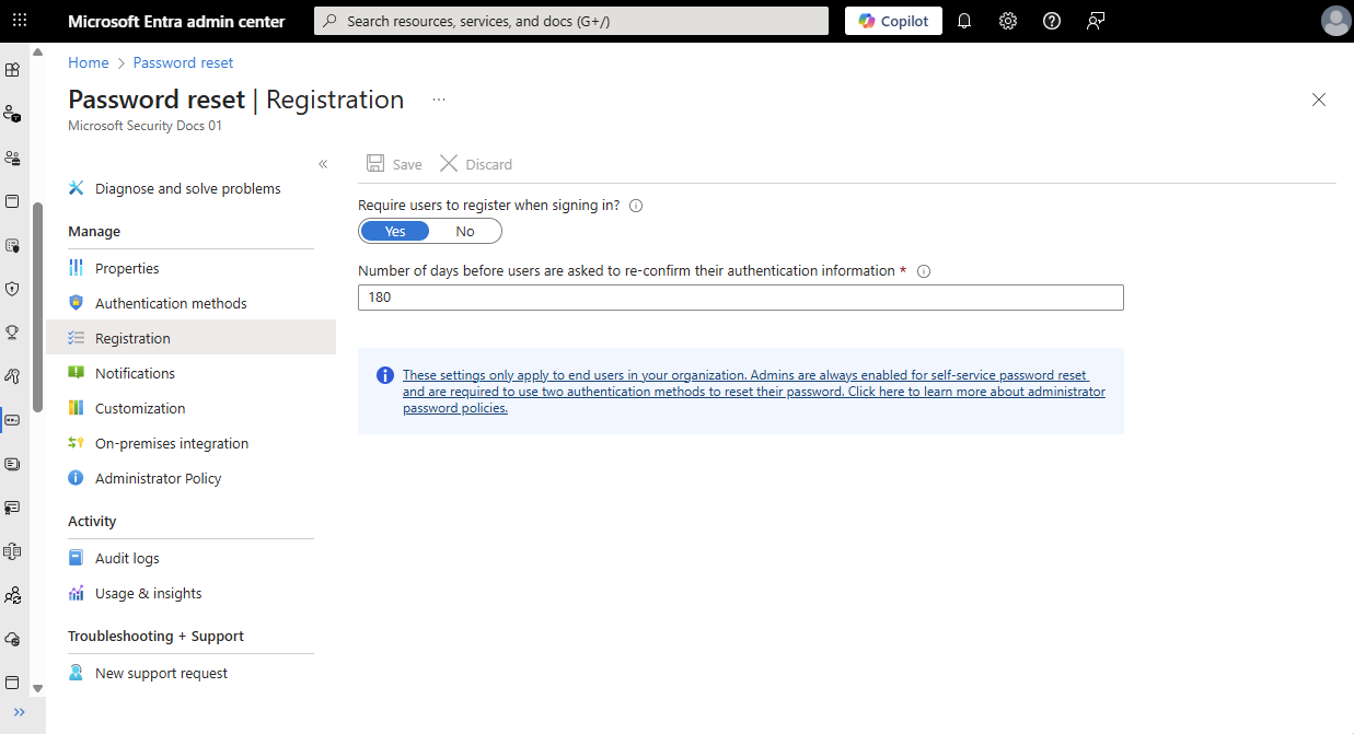 Screenshot of password reset registration for Microsoft Entra ID.