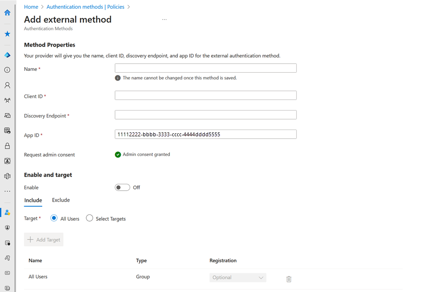 Screenshot of Authentication methods policy after consent is granted.