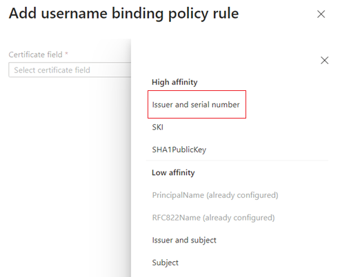 Screenshot that shows how to select Issuer and serial number.