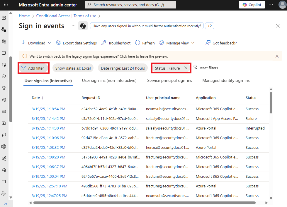 Screenshot showing selecting the Conditional Access filter in the sign-in log.