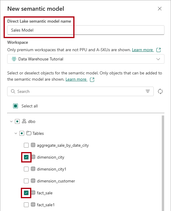Screenshot of the New semantic model windows, highlighting the name box, and the selection of the dimension city and fact sale tables.