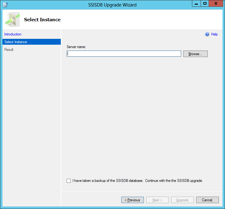 Select the server in the SSISDB Upgrade Wizard Select the server in the SSISDB Upgrade Wizard