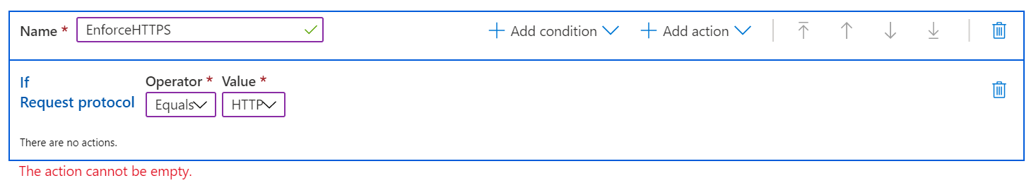 Screenshot of Azure Content Delivery Network rule match condition.