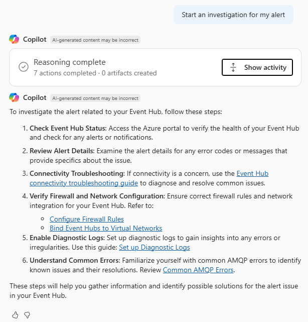 Screenshot of Azure Copilot providing steps to investigate and remediate an alert.
