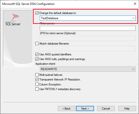 Screenshot of the default database selection dialog showing the sample data database chosen.