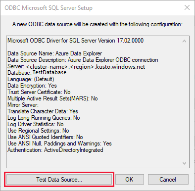 Screenshot of the Test Data Source dialog showing the Test Data Source button and connection status fields.