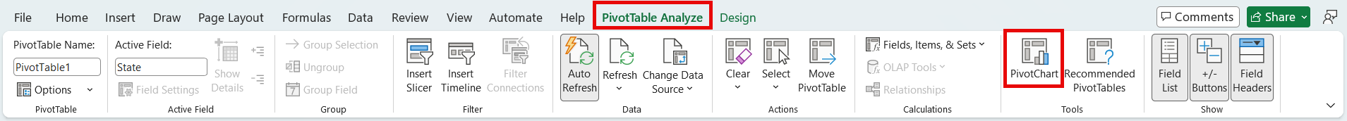 Screenshot of the PivotTable analyze menu.
