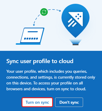 Screenshot of the Sync user profile to cloud dialog box with the Turn-on sync button highlighted.