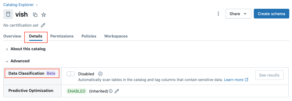 Details tab for the catalog page in Catalog Explorer.