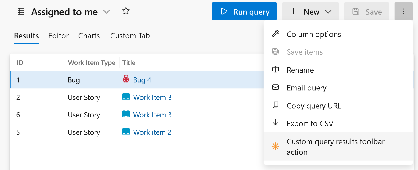 Screenshot of a custom action in the query results toolbar menu.