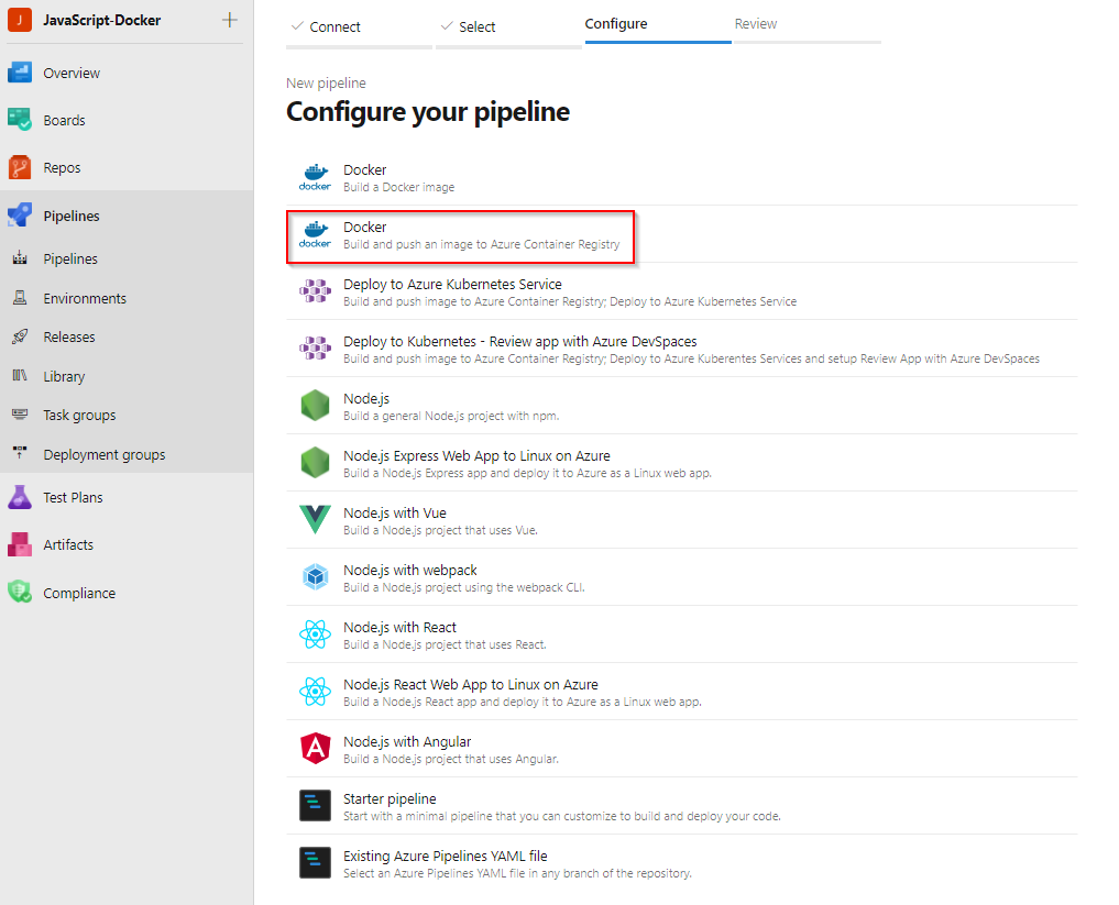 Screenshot of selecting the Docker pipeline template.
